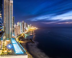 Cartagena de Indias skyline at dusk, Colombia.