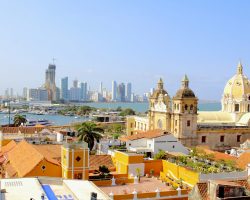 Historic center of Cartagena, Colombia with the Caribbean Sea visible on two sides